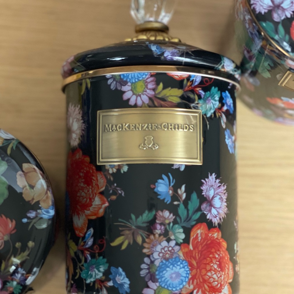 RETIRED & low stock MacKenzie-Childs Black Floral Canister set of 3 in a box - Picture 6 of 11